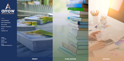 A collage image featuring three sections representing print, publishing, and design. The left section shows printed materials, the middle section displays stacked books, and the right section depicts a person's hands sketching on design materials.