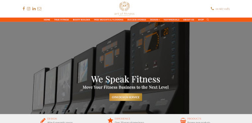 A website homepage showcasing multiple fitness machines displayed in a row. Text prominently states 'We Speak Fitness' and promotes services to elevate fitness businesses.