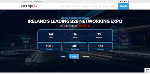 Website homepage for Biz Expo featuring a countdown timer showing 169 days, 16 hours, and 53 minutes until the event. Promotes the expo's status as Ireland's leading B2B networking event with statistics for attendees, exhibitors, and speakers.