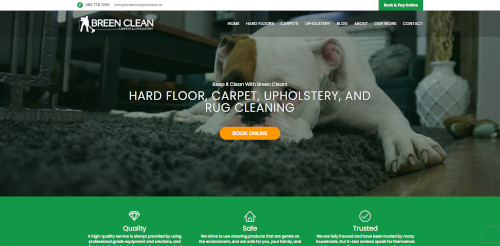 A website homepage for Breen Clean featuring a dog lying on a gray rug, with text highlighting services for hard floor, carpet, upholstery, and rug cleaning along with options to book online.