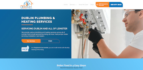A website screenshot for Buckley Plumbing & Heating Services with information about plumbing and heating services in Dublin and Leinster. Features a technician working on a boiler and a clear call-to-action for services.