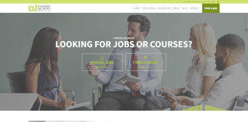 A group of four professionals meeting in a bright, modern office, discussing job opportunities and courses. The text overlay reads 'LOOKING FOR JOBS OR COURSES?', with buttons for 'FINDING JOBS' and 'FIND COURSES'.