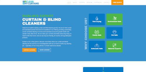 A webpage featuring a cleaning service for curtains and blinds. It includes a header with company branding, a welcome message, and sections highlighting benefits like fast drying and safety for families and pets. There are buttons for curtain and blind cleaning services.