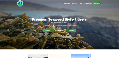 A website banner featuring seaweed on rocks, with the text 'Premium Seaweed Biofertilizers' overlaying. The background shows a coastal landscape with a cloudy sky.