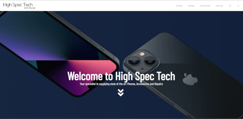 Website homepage of High Spec Tech featuring a close-up of two smartphones, one with a colorful screen and the other showing the Apple logo. The greeting text 'Welcome to High Spec Tech' is prominently displayed in the center.