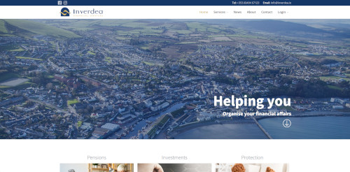Aerial view of a coastal town with buildings and greenery, featuring a wide bay. The website header displays the logo 'Inverdea' and the text 'Helping you Organise your financial affairs'.