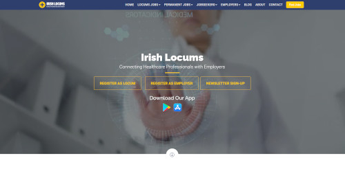 Website homepage of Irish Locums featuring a blue navigation bar, sections for registration as a locum and employer, and a download app button. The main title states 'Connecting Healthcare Professionals with Employers'.