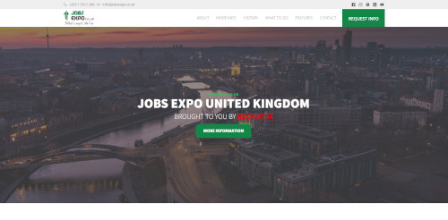 A website homepage for Jobs Expo United Kingdom featuring a cityscape background and a prominent header stating 'JOBS EXPO UNITED KINGDOM' with a green button for 'MORE INFORMATION'.