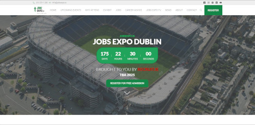 A website homepage displaying the Jobs Expo Dublin countdown timer. It shows 175 days, 22 hours, 30 minutes, and 00 seconds until the event. The background features an aerial view of a stadium.