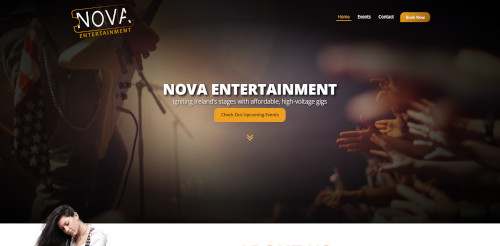 A website homepage for Nova Entertainment featuring a guitarist on stage with a microphone. Below, audience members raise their hands in excitement. The site includes sections for events and contact information.