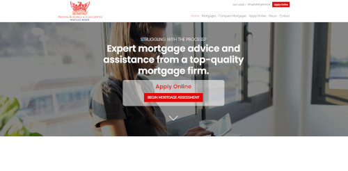 A woman sitting at a desk, looking at a document with natural light coming from a window. Text on the image promotes expert mortgage advice and assistance, with buttons for online application and mortgage assessment.
