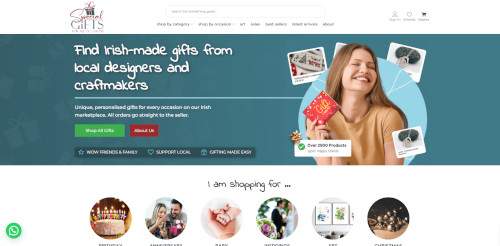 A website homepage featuring a banner that reads 'Find Irish-made gifts from local designers and craftmakers.' The page showcases various gift options and emphasizes local shopping.