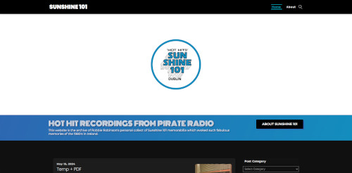 A webpage featuring the logo of 'Sunshine 101', a collection of recordings from pirate radio, with a blue and white color scheme. The banner highlights 'Hot Hit Recordings from Pirate Radio' and features navigation options.