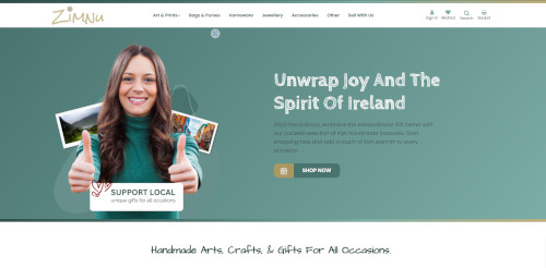 A smiling woman with long hair holding a small gift, promoting handmade arts and crafts on a retail website. The background is a soft green color, and the text encourages supporting local artisans.