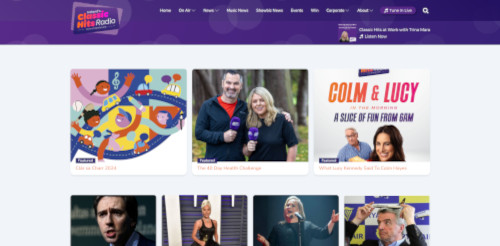 A screen capture of the Classic Hits Radio website, showcasing colorful graphics and images of presenters, including Colm and Lucy. Sections highlight shows and events with text information.