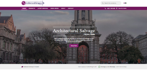 A website homepage for Architectural Salvage in Dublin, featuring a central banner with the title 'Architectural Salvage' and a view of a historic building in the background. The menu options include Home, Products, Latest Arrivals, and Contact.