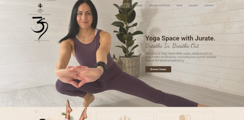 A woman in a yoga pose, wearing a purple outfit, demonstrating flexibility on a wooden floor. A plant is in the background, and text on the image promotes yoga classes.