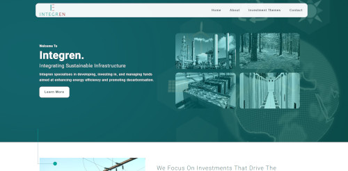 Website homepage for Integren, showcasing its focus on sustainable infrastructure. Features images of energy efficiency projects and investments. Includes the welcoming message and navigation options.