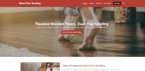 A website header for Klenz Floor Sanding featuring a person walking barefoot on a polished wooden floor. The text highlights dust-free sanding services and includes a button for a free quote.