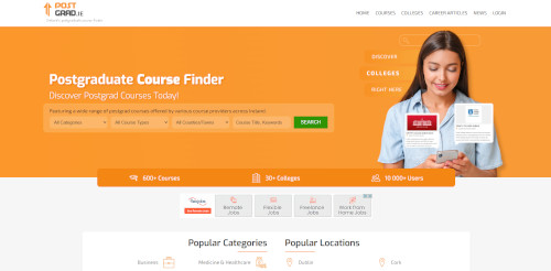 A woman holding a mobile device and a document while looking at the camera, surrounded by an orange background featuring text promoting a 'Postgraduate Course Finder' website.