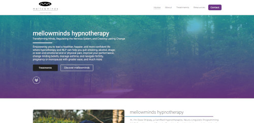 A webpage titled 'mellowminds hypnotherapy' features a serene background of a forest. The text emphasizes transformation and wellness through hypnotherapy, with buttons for 'Treatments' and 'Discover mellowminds.'