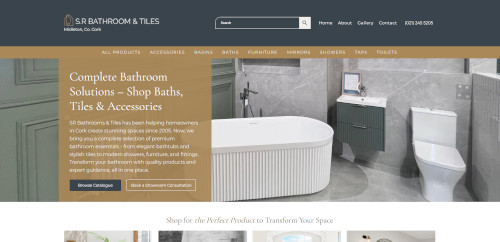 A modern bathroom display featuring a freestanding white bathtub, green cabinetry, a sink, and various tile accents. The website header includes the brand name and navigation options.