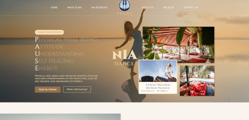 A serene website homepage for a wellness retreat featuring a silhouetted figure dancing by the ocean at sunset. Text highlights the concepts of physical well-being and self-healing, with images of retreat spaces and activities.