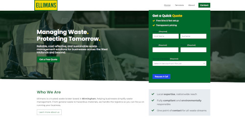 A webpage featuring Ellimans waste management services, including a header with the slogan 'Managing Waste. Protecting Tomorrow.' and a contact form for quick quotes. The background shows a worker in a safety vest with waste materials.