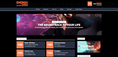 A screenshot of the Energy Dance Radio website featuring a bold header with the tagline 'THE SOUNDTRACK TO YOUR LIFE.' Below are sections for recently played tracks and contact information.