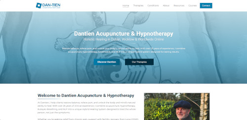 A website screenshot for Dantien Acupuncture & Hypnotherapy, featuring a header with the logo, title, and tagline about holistic healing in Dublin and online. The main section includes a welcoming text about their services and therapies.