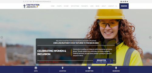 A woman wearing a hard hat and safety glasses smiles while dressed in a high-visibility yellow jacket, with a blurred background of a city skyline. Text on the image promotes a jobs and recruitment event focusing on women and inclusion in construction.