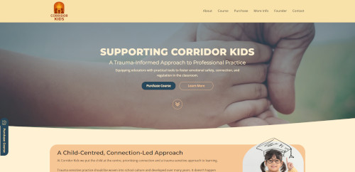 A close-up of two hands, one belonging to an adult and the other to a child, symbolizing support and connection. The background features a calming blue gradient, with text promoting a trauma-informed approach to professional practice for educators.
