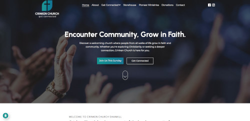 A website homepage for Crimden Church featuring a welcoming message about community and faith, with a background image of raised hands in a church setting. The site includes navigation links and call-to-action buttons.