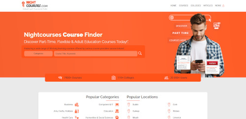 A website homepage titled 'Nightcourses Course Finder' featuring a man holding a smartphone. The layout includes a search bar for courses, sections for popular categories, and popular locations, with a vibrant orange background.