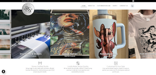 A website homepage displaying various products and services. Sections show images of vinyl stickers, custom wall art featuring a colorful design, personalized mugs, and printed clothing.