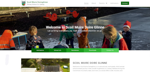 A group of children playing outdoors at Scoil Muire Doire Glinne primary school, wearing safety vests and enjoying activities on a playground. The school name is displayed at the top of the page, with a welcoming message.