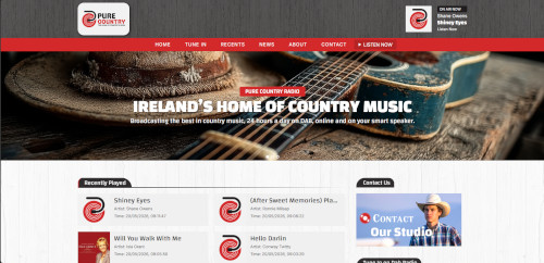 A website homepage for Pure Country radio, featuring a banner with a cowboy hat and an acoustic guitar. The page displays sections for recently played songs, including titles and a 'Contact Us' section with a photo of a man wearing a cowboy hat.