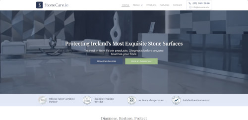A StoneCare.ie homepage hero image shows a modern kitchen with a stone countertop and sink, overlaid with the text "Protecting Ireland's Most Exquisite Stone Surfaces."