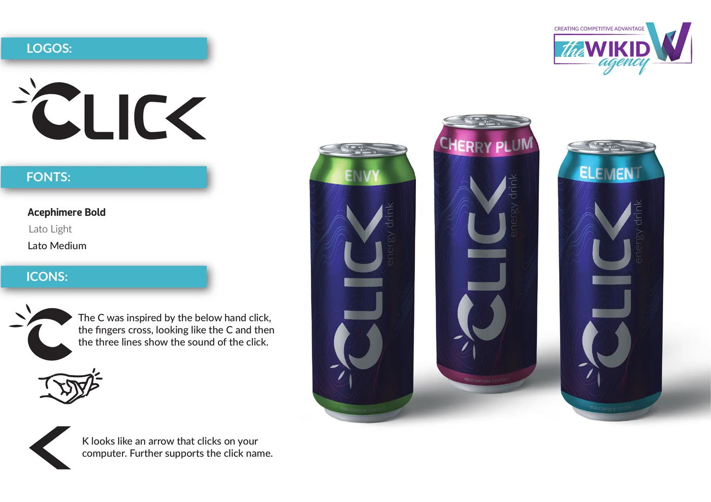 Three Click branded beverage cans in green, magenta, and blue stand on a white background beside a logo and font guide panel.