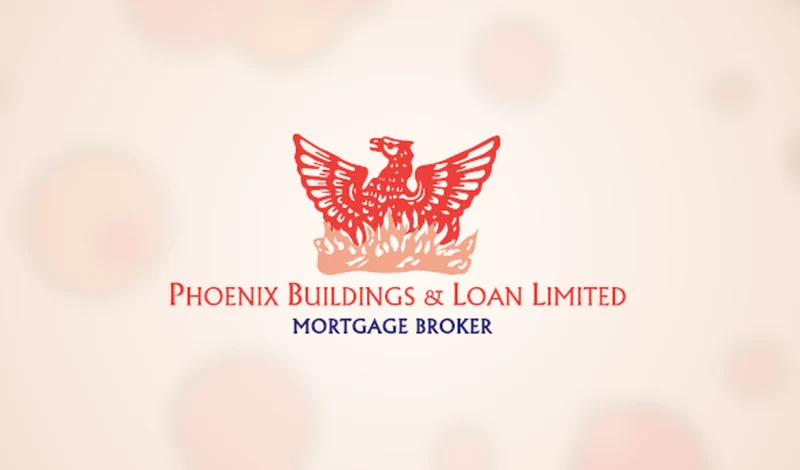 Logo of Phoenix Buildings & Loan Limited with a red phoenix above the words “Mortgage Broker” on a pale beige background with soft bokeh circles.