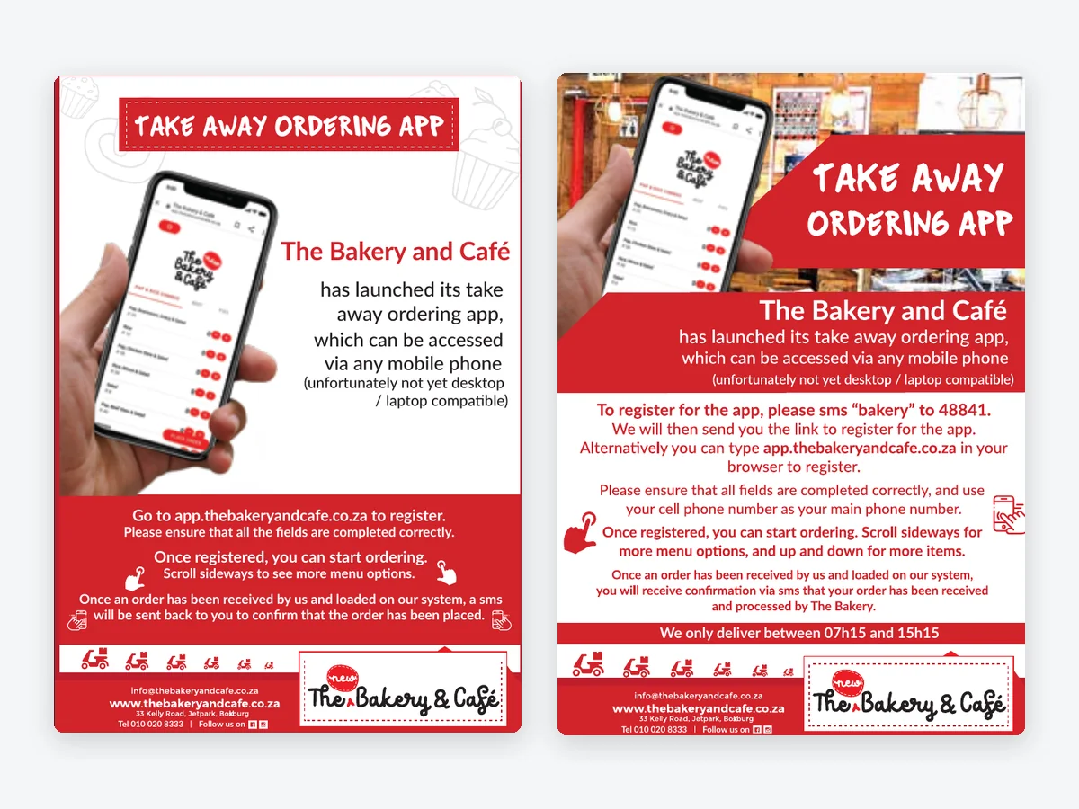 A promotional flyer for The Bakery and Café takeaway ordering app, showing a hand holding a smartphone on the left and a phone on the right, with red-and-white branding and registration details below.