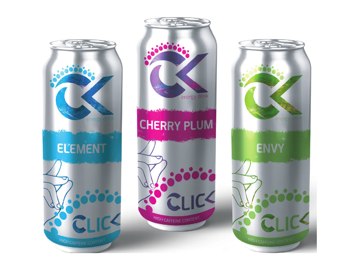Three Clic energy drink cans in blue, magenta, and green, labeled Element, Cherry Plum, and Envy on a white background.